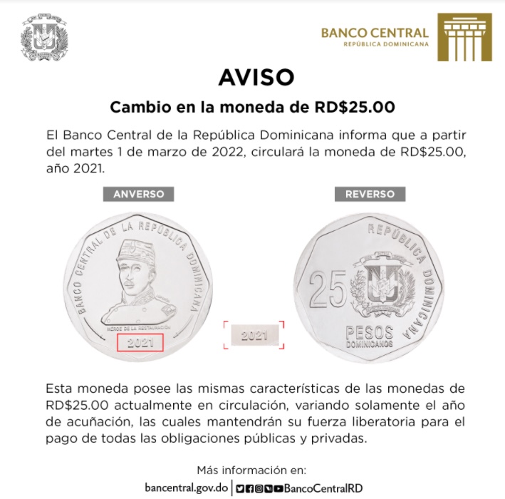 Bando Central: Desde hoy circulará moneda de $25.00 del año 2021