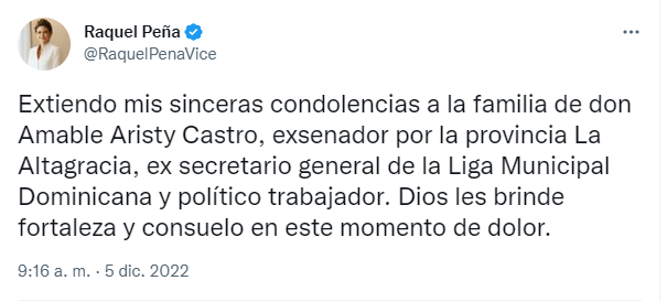 Vicepresidenta Raquel Peña lamenta fallecimiento de Aristy Castro - Noticias de hoy en República Dominicana | De Último Minuto