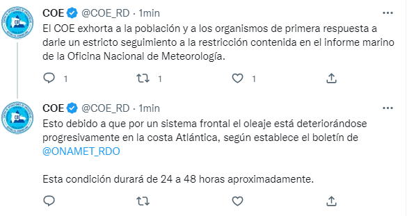 COE recomienda a embarcaciones de la costa Atlántica permanecer en puerto - Noticias de hoy en República Dominicana | De Último Minuto