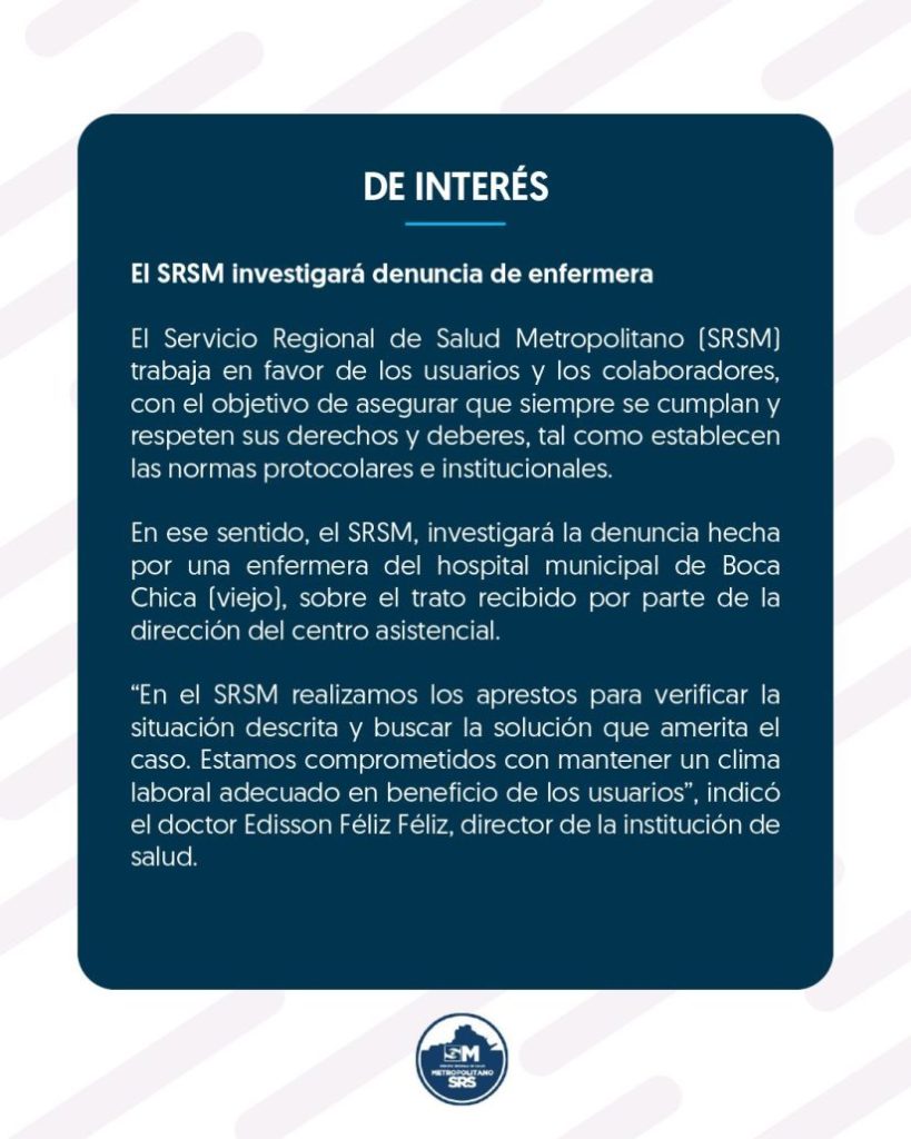 El SRSM investigará denuncia de enfermera
