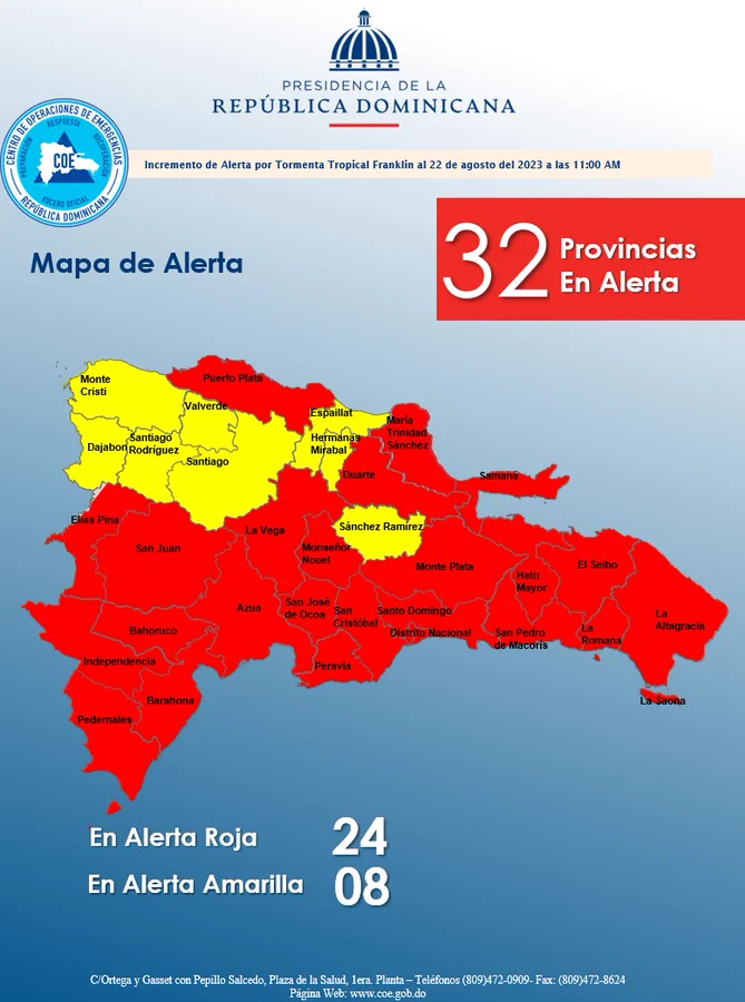 COE eleva a 24 las provincias en Alerta Roja ante paso de Tormenta Franklin | De Último Minuto