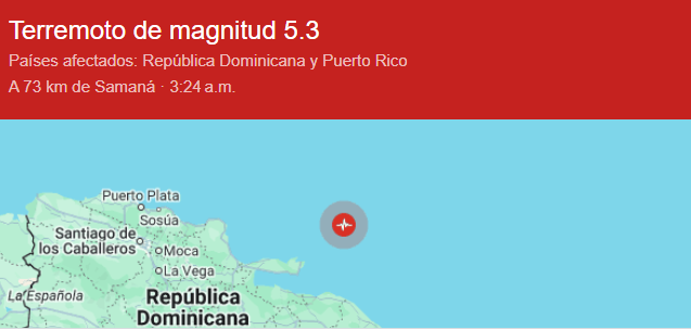 Terremoto de magnitud 5.3 se registró en Samaná durante la madrugada