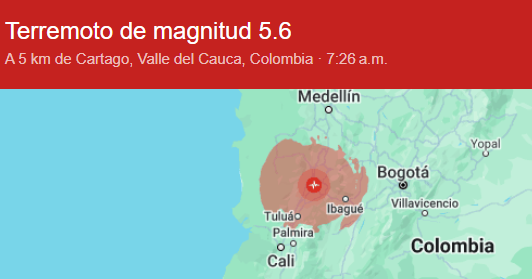 Temblor de magnitud 5,6 sacude el centro y sur de Colombia