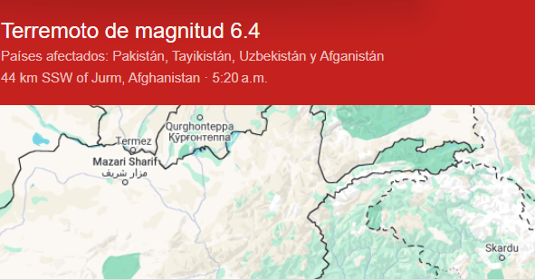 Un terremoto de magnitud 6,4 sacude el noreste de Afganistán sin víctimas