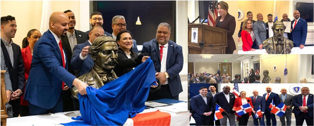 Gobernadora y legisladores dominicanos develan busto de Duarte en capitolio estatal de Massachusetts