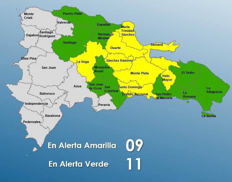 COE mantiene 08 provincias y al DN en alerta amarilla y aumenta a 11 las provincias en verde