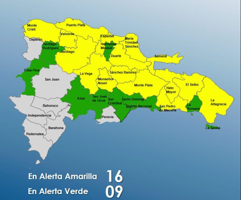 COE mantiene bajo alerta 16 provincias en alerta amarilla y 9 en verde