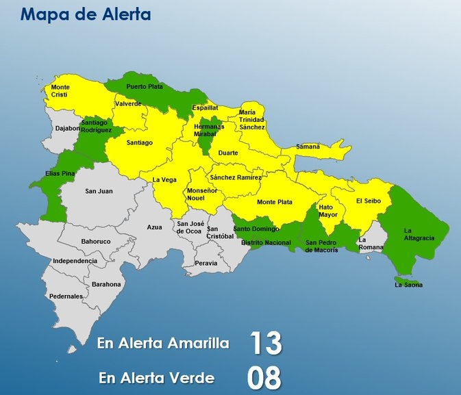 El COE mantiene 13 provincias en alerta amarilla; 7 y el DN están en verde