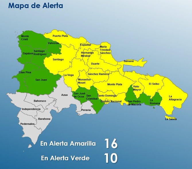 COE coloca 15 provincias y el DN en alerta amarilla y 10 en alerta verde por vaguada