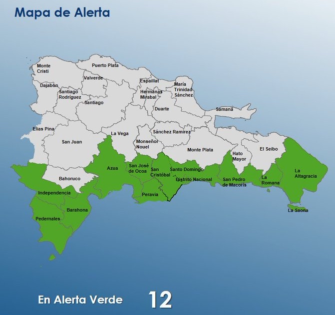 COE aumenta 11 provincias y al Distrito Nacional en alerta verde debido a una vaguada