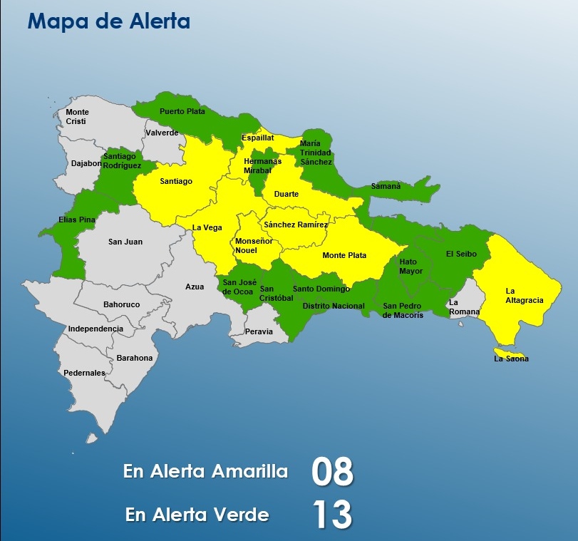 COE mantiene 08 provincias en alerta amarilla y a 12 y al DN en verde