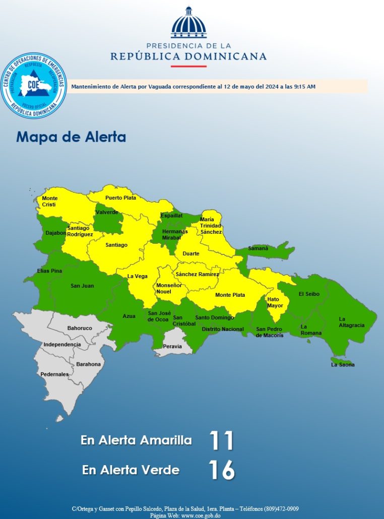 COE mantiene 11 provincias en alerta amarrilla; 15 y el DN en verde