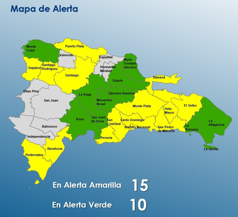COE eleva a alerta amarilla 14 provincias y el Distrito Nacional