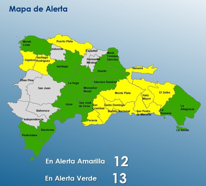 COE mantiene 11 provincias y al DN en alerta amarilla y a 13 en verde