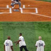 Adrián Beltré acompañado por Nolan Ryan y Fergie Jenkins, realiza lanzamiento ceremonial del All-Star Game 2024, capturado por Iván Rodríguez - Noticias de hoy en República Dominicana | De Último Minuto