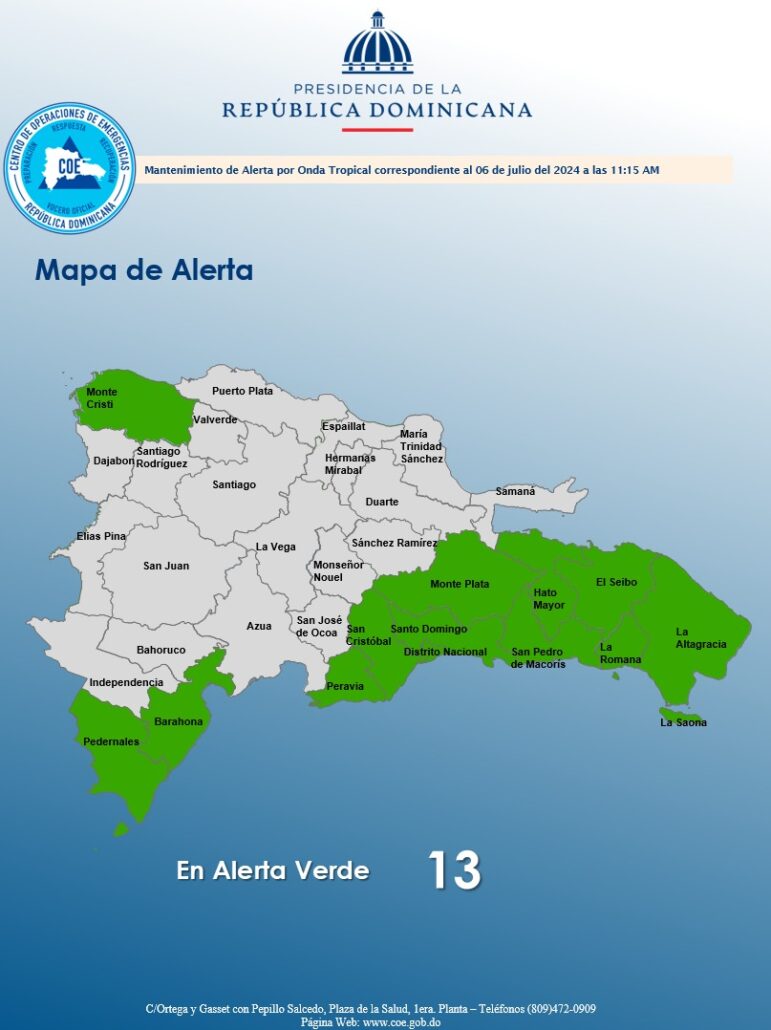 Disminuyen niveles de alerta meteorológica; COE mantiene 13 provincias en alerta verde