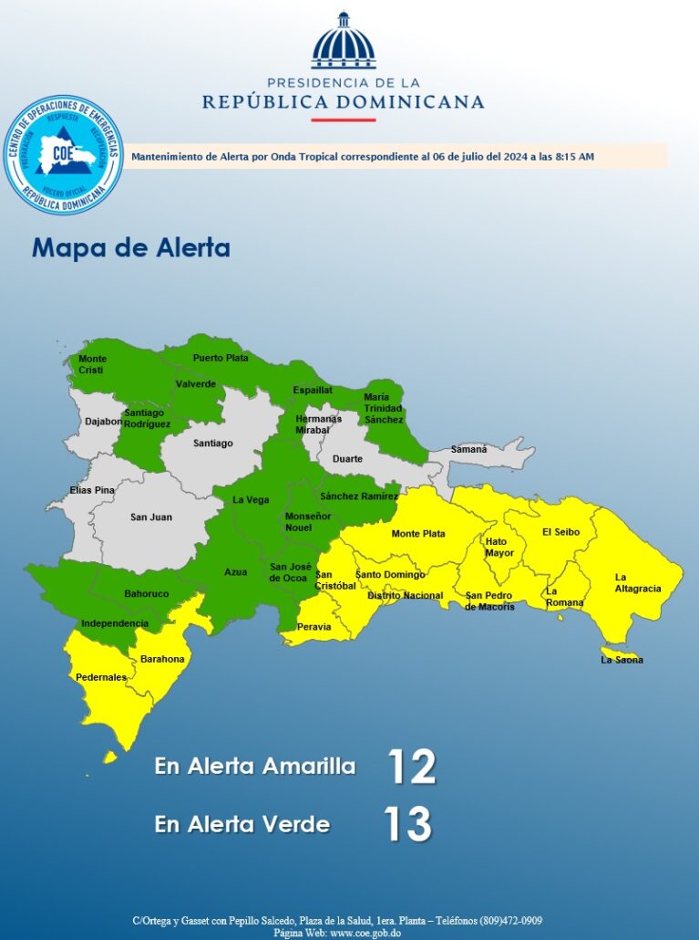 COE mantiene 12 provincias en alerta amarilla y 13 en verde