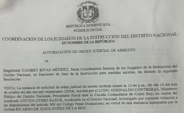 Orden de arresto de Steven Otero fue emitida el 16 de octubre del año en curso, según documento | De Último Minuto