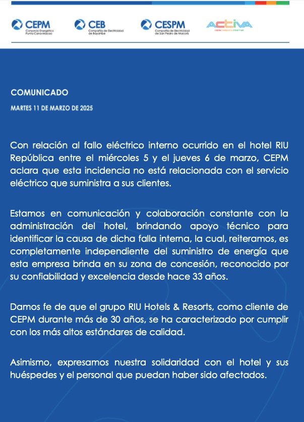 Consorcio Energético Punta Cana – Macao aclara fallo eléctrico en hotel RIU no está relacionado a su servicio | De Último Minuto