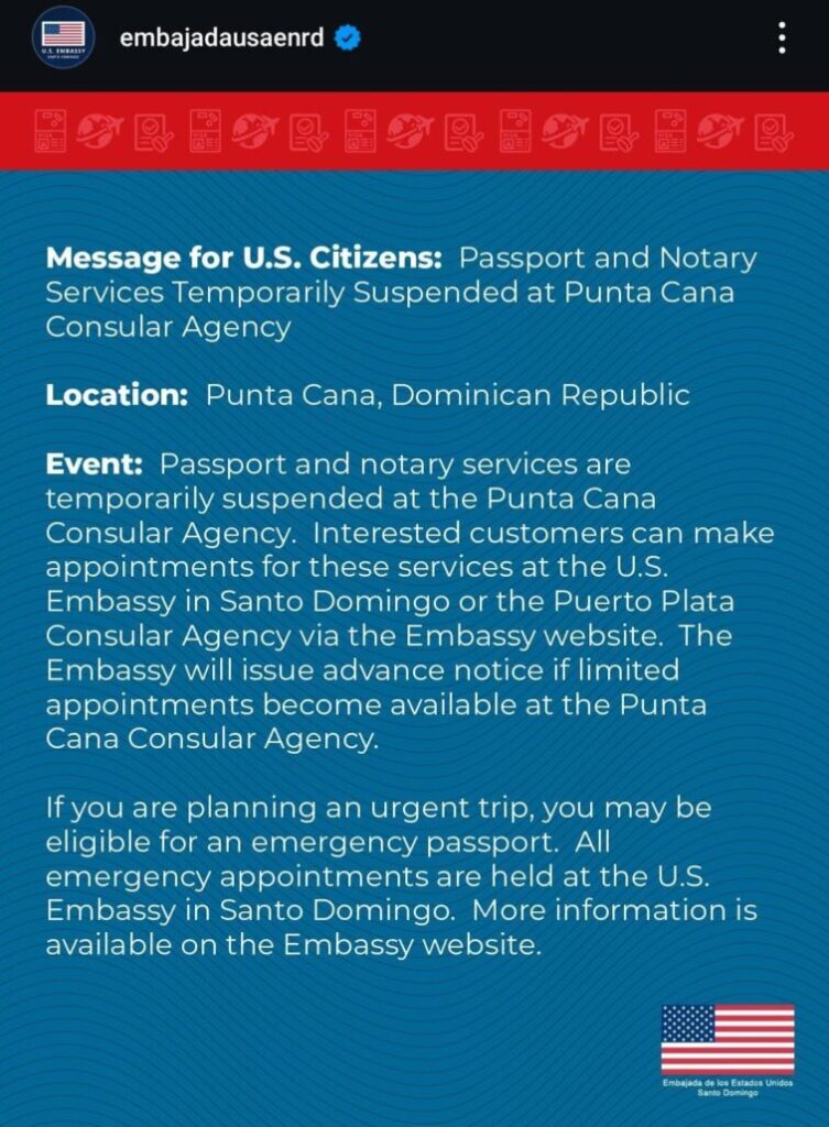 Embajada Americana suspende servicios en Punta Cana