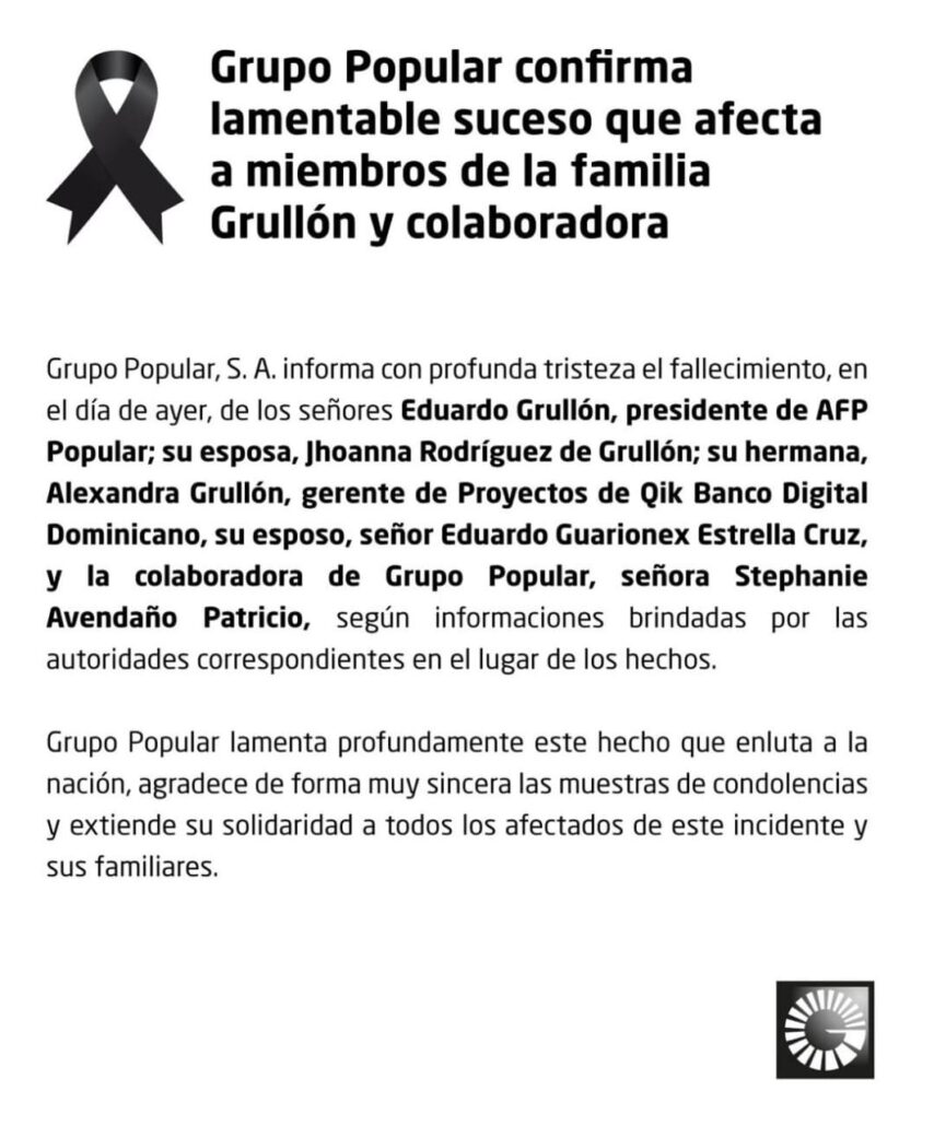 Grupo Popular confirma fallecimiento de familia Grullón