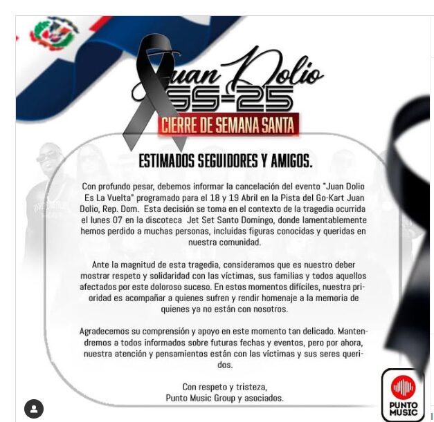 Punto Music Group cancela evento “Juan Dolio es La Vuelta” en señal de duelo por tragedia en Jet Set