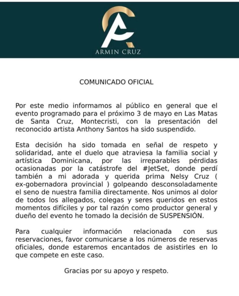 Anthony Santos cancela concierto en Monte Cristi en solidaridad con víctimas del Jet Set - Noticias de hoy en República Dominicana | De Último Minuto