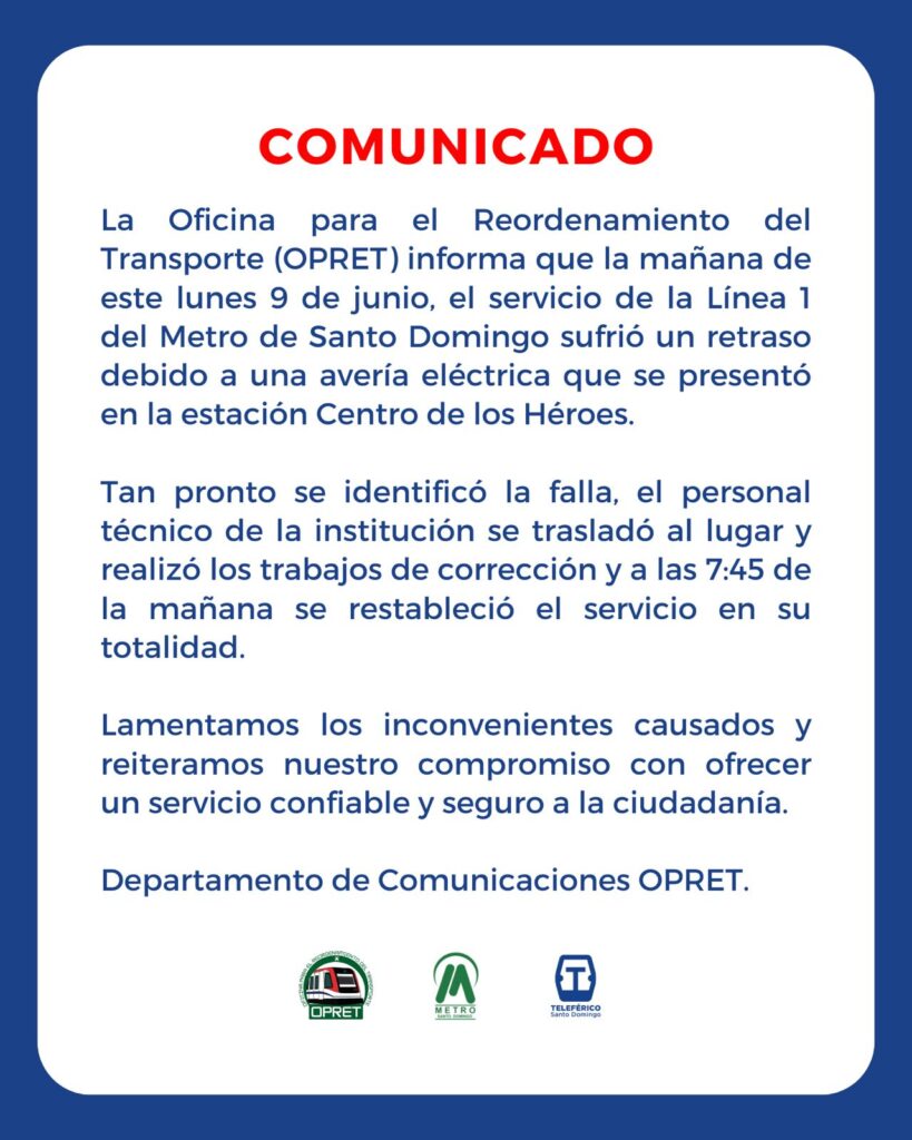 OPRET explica retraso en Línea 1 del Metro se debió a avería eléctrica en estación Centro de los Héroes - Noticias de hoy en República Dominicana | De Último Minuto
