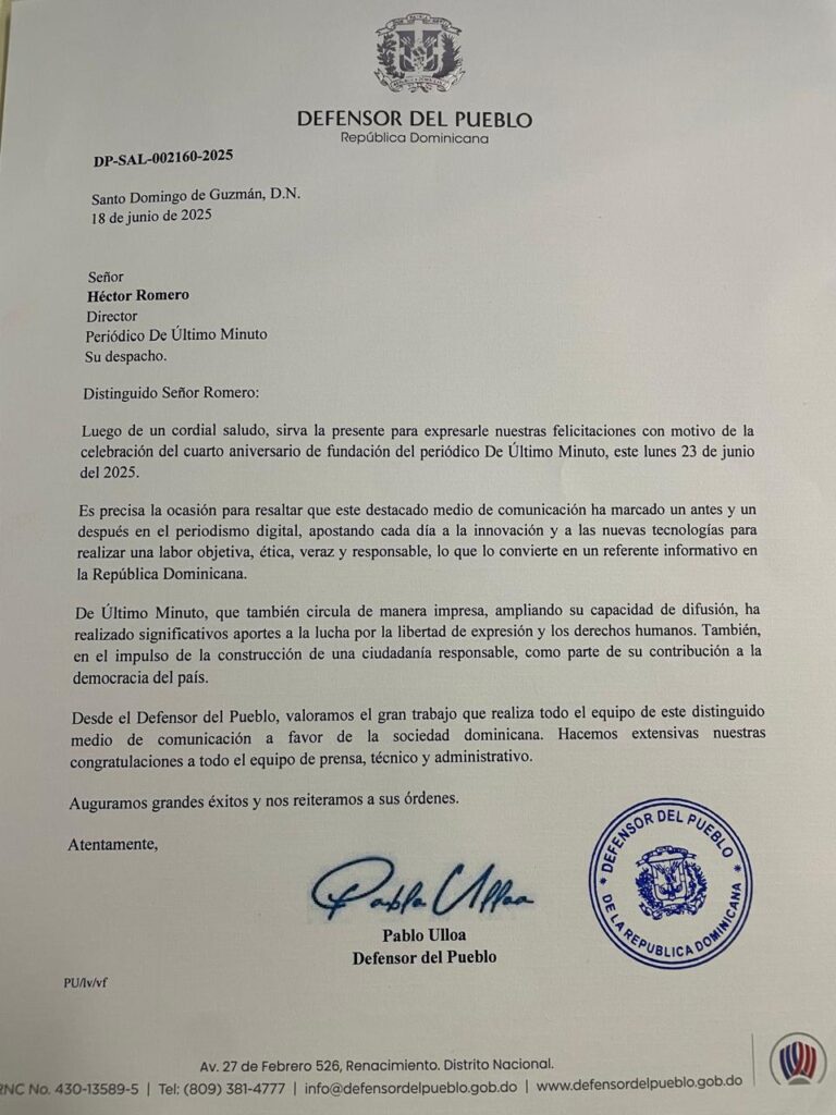 Defensor del Pueblo resalta a De Último Minuto como referente informativo de RD en 4to aniversario | 2 | Defensor del Pueblo resalta a De Último Minuto como referente informativo de RD en 4to aniversario - Noticias de hoy en República Dominicana | De Último Minuto