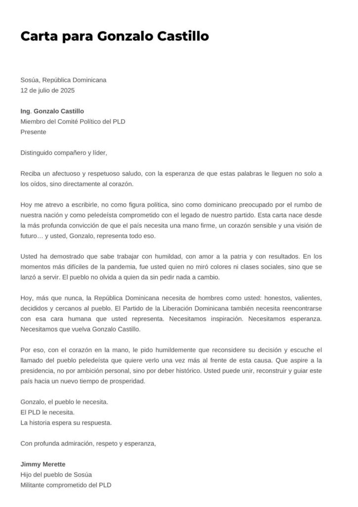Militante del PLD en Sosúa pide a Gonzalo Castillo volver a aspirar a la presidencia - Noticias de hoy en República Dominicana | De Último Minuto