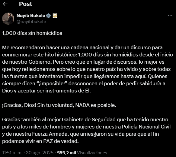 El Salvador registra 1.000 días sin homicidios, según informa Bukele - Noticias de hoy en República Dominicana | De Último Minuto