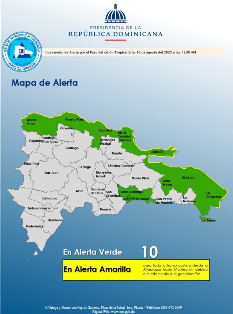 COE: Alerta amarilla para franja costera y 10 provincias en verde por huracán Erin | 2 | COE: Alerta amarilla para franja costera y 10 provincias en verde por huracán Erin - Noticias de hoy en República Dominicana | De Último Minuto