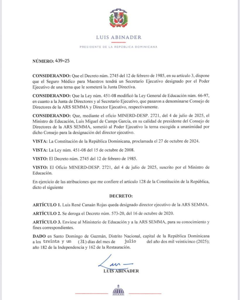 Presidente Abinader designa a Luis René Canaán Rojas director ejecutivo de ARS SEMMA - Noticias de hoy en República Dominicana | De Último Minuto