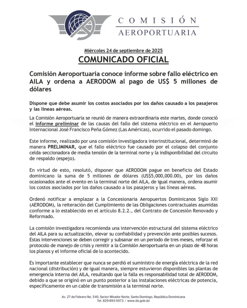 Comisión Aeroportuaria ordena a Aerodom pagar US$ 5 millones por fallo eléctrico en el AILA - Noticias de hoy en República Dominicana | De Último Minuto