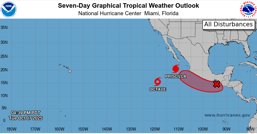 Huracán Priscilla provoca lluvias intensas, rachas de viento y oleaje en Pacífico mexicano