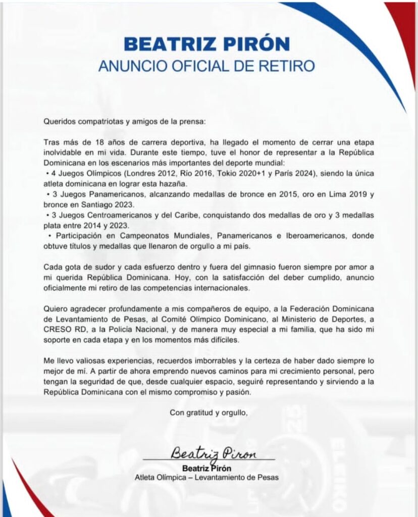 Beatriz Pirón anuncia su retiro oficial del levantamiento de pesas | 2 | Beatriz Pirón anuncia su retiro oficial del levantamiento de pesas - Noticias de hoy en República Dominicana | De Último Minuto