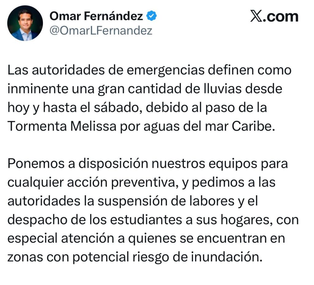 Omar Fernández pide suspensión de labores y despacho de estudiantes ante lluvias que afectarán el país | 2 |