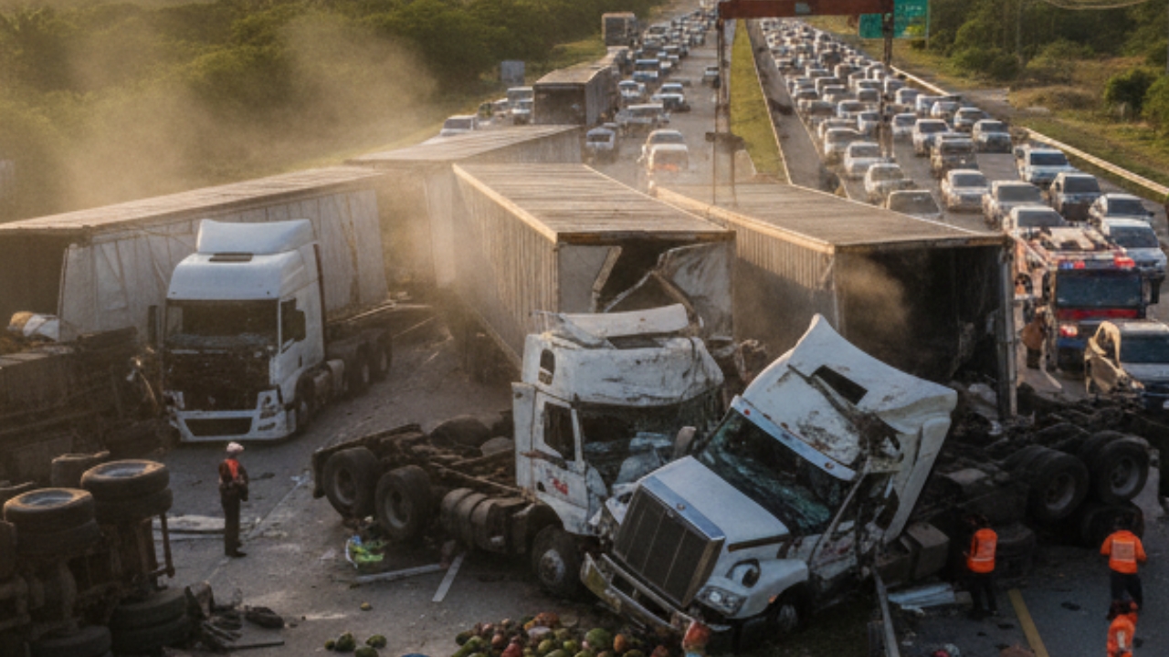 Imagen mejorada con IA. Accidente múltiple entre camiones deja incomunicada la región Sur tras Baní