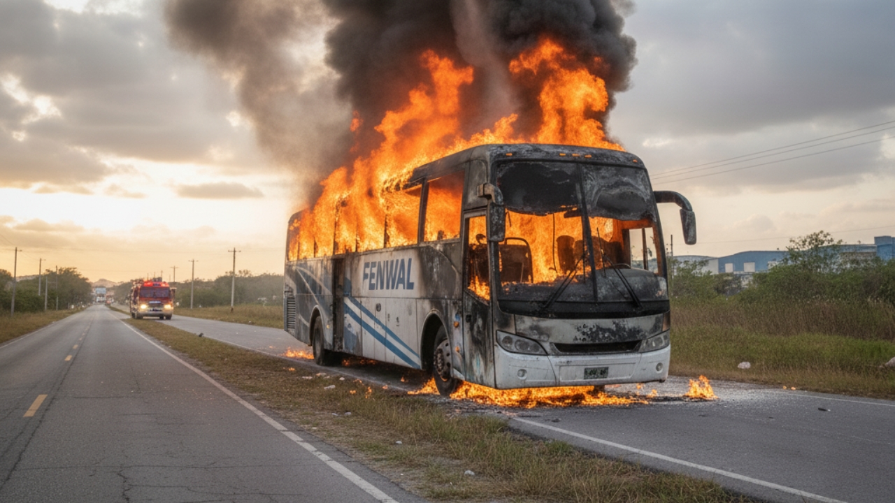 Imagen recreada con IA. Autobús de empresa Fenwal se incendia en Haina tras dejar a sus pasajeros