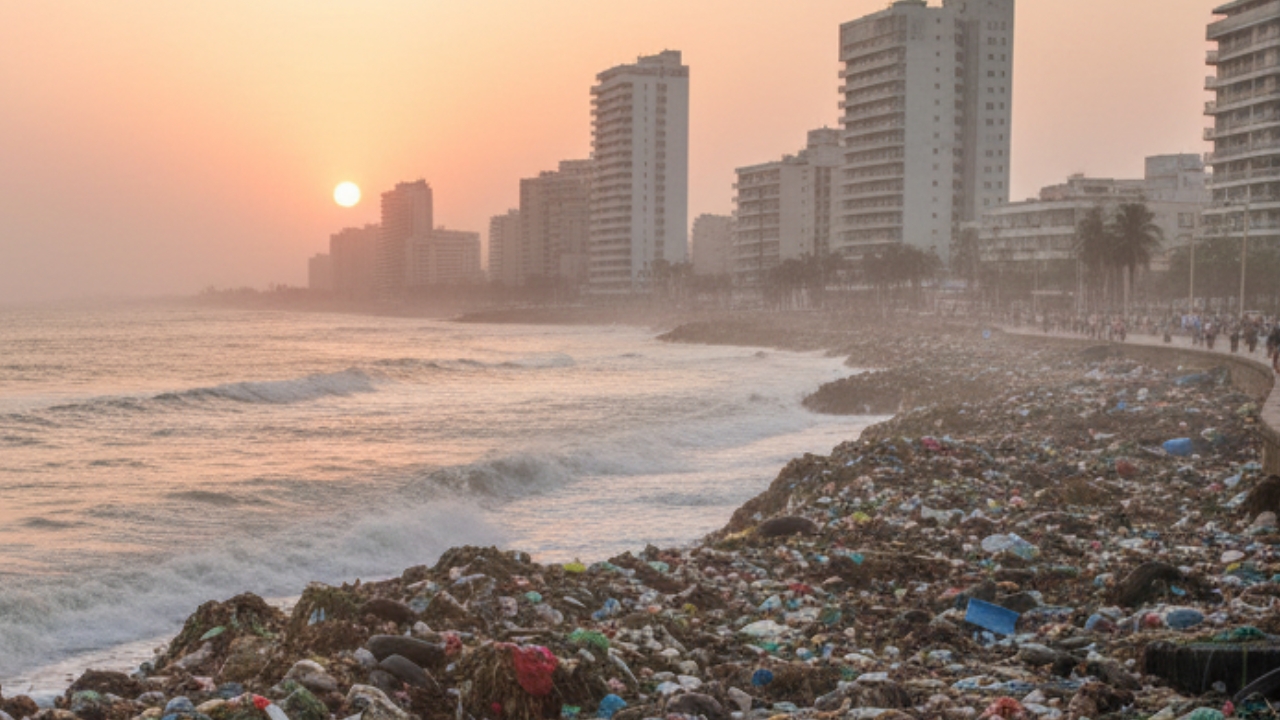 Recreado con IA. Basura se acumula en el Malecón de Santo Domingo tras el paso del huracán Melissa