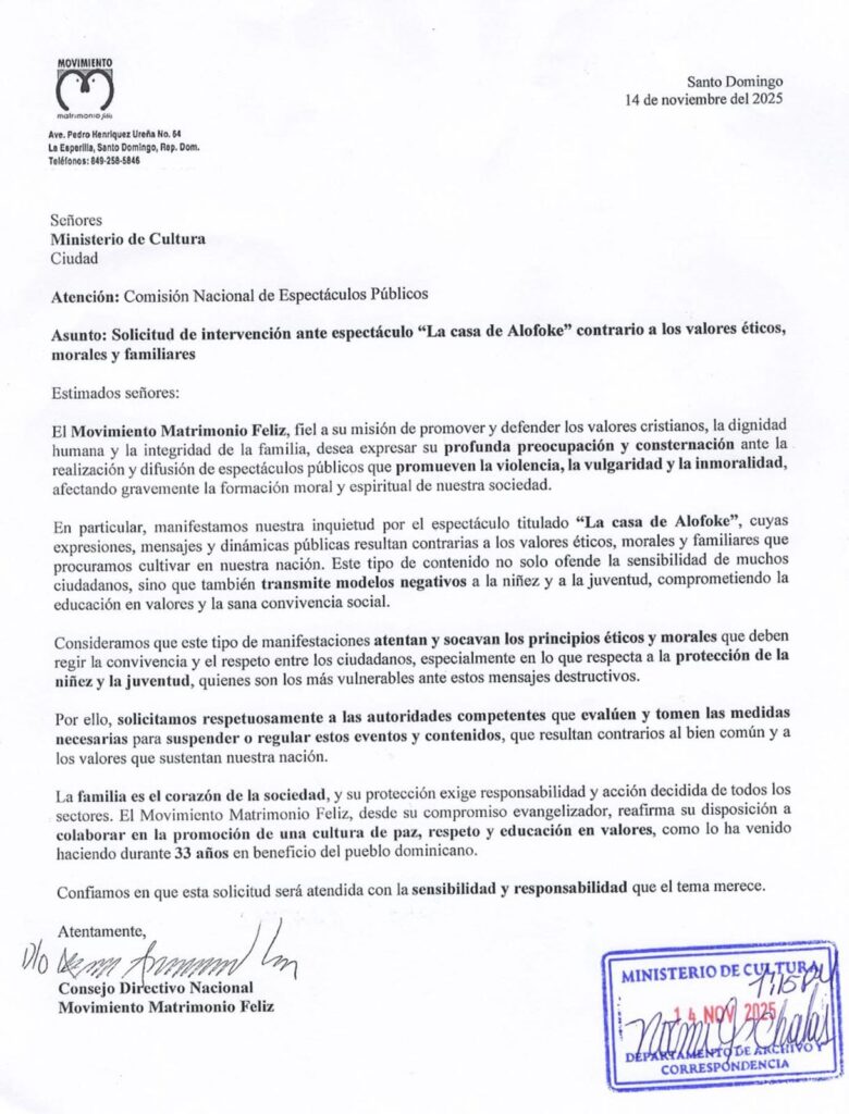 Movimiento Matrimonio Feliz solicita al Ministerio de Cultura intervenir “La Casa de Alofoke 2” por considerarlo contrario a valores éticos y familiares | 2 | Movimiento Matrimonio Feliz solicita al Ministerio de Cultura intervenir “La Casa de Alofoke 2” por considerarlo contrario a valores éticos y familiares - Noticias de hoy en República Dominicana | De Último Minuto
