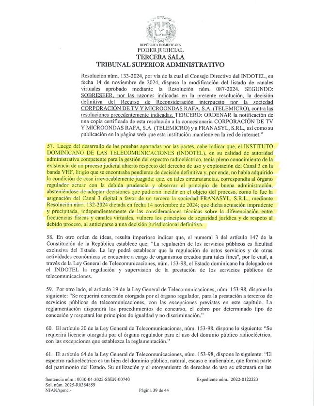 TSA concluye Indotel vulneró proceso y seguridad jurídica al asignar el Canal 3 a Franasyl | 2 | TSA concluye Indotel vulneró proceso y seguridad jurídica al asignar el Canal 3 a Franasyl - Noticias de hoy en República Dominicana | De Último Minuto