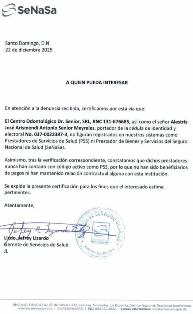 SeNaSa certifica que Centro Odontológico Dr. Senior no guarda relación con la institución - Noticias de hoy en República Dominicana | De Último Minuto