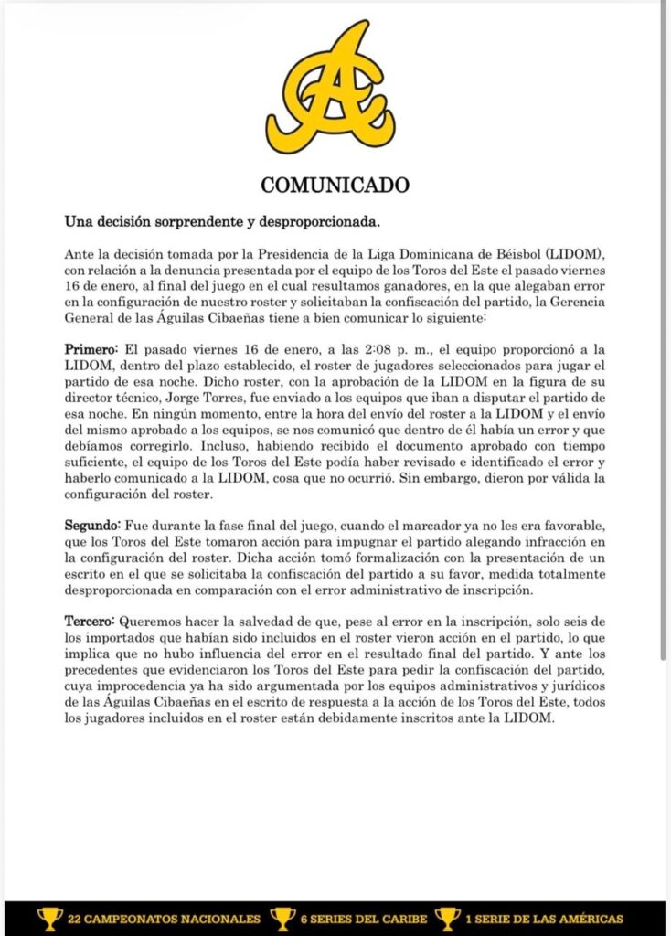 Águilas tildan de excesiva la anulación de juego ante los Toros - Noticias de hoy en República Dominicana | De Último Minuto