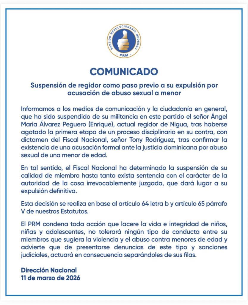 PRM suspende a regidor de Nigua tras acusación de abuso sexual contra una menor - Noticias de hoy en República Dominicana | De Último Minuto