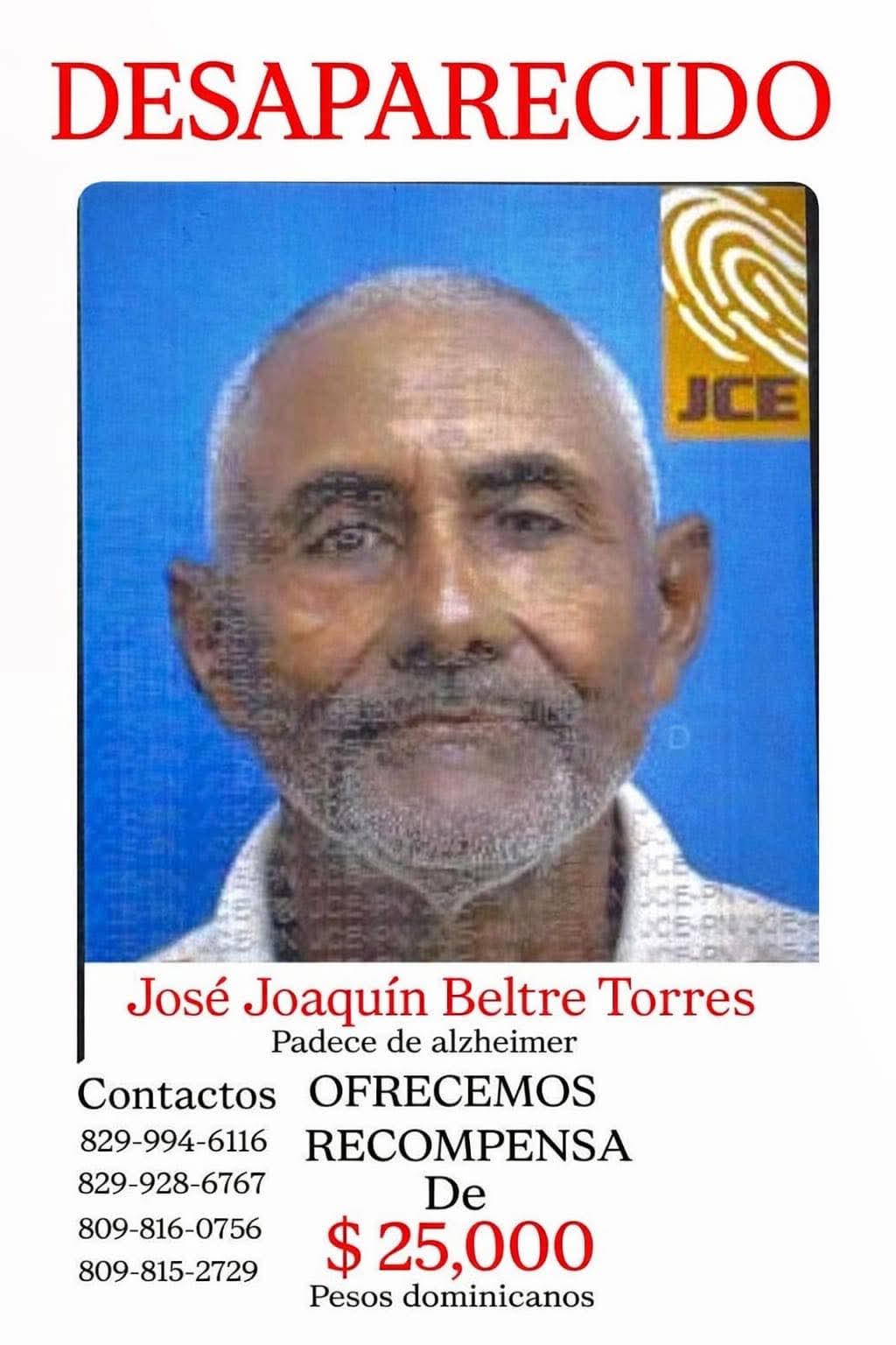 Reportan desaparición de adulto mayor en Azua; familiares ofrecen recompensa para su localización - Noticias de hoy en República Dominicana | De Último Minuto