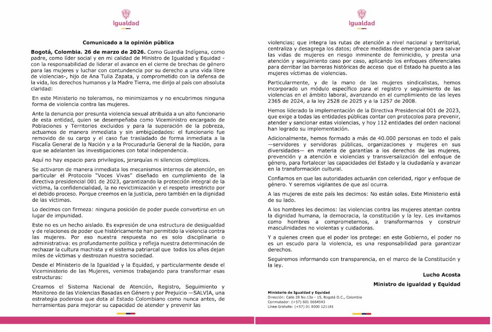 Colombia: renuncia viceministro tras denuncia de presunto acoso | 2 | Colombia: renuncia viceministro tras denuncia de presunto acoso - Noticias de hoy en República Dominicana | De Último Minuto