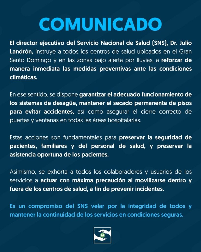 SNS ordena reforzar medidas preventivas en centros de salud por lluvias en el Gran Santo Domingo - Noticias de hoy en República Dominicana | De Último Minuto