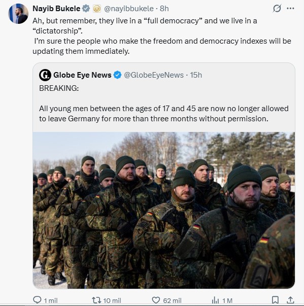 Bukele ironiza restricción a jóvenes en Alemania: "Ellos viven en una 'democracia plena'" - Noticias de hoy en República Dominicana | De Último Minuto