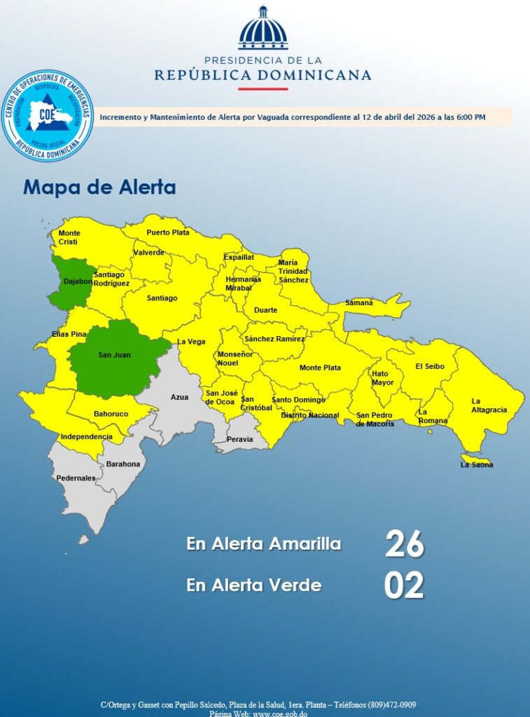 COE mantiene 26 provincias en alerta amarilla y 2 en verde por lluvias
